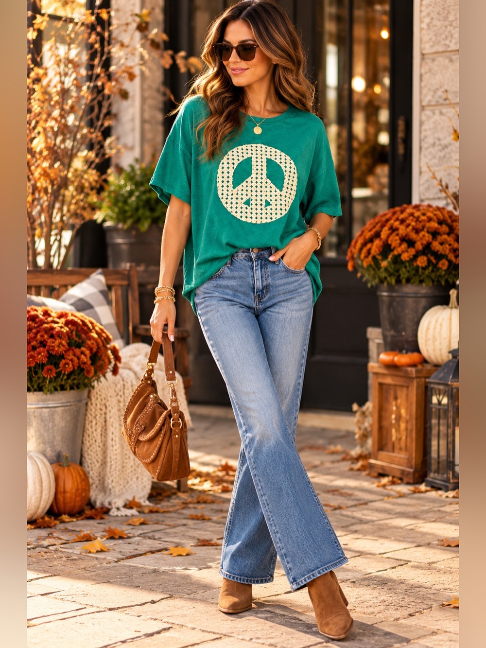 Umgee+ Green Peace Sign Short Sleeve Top